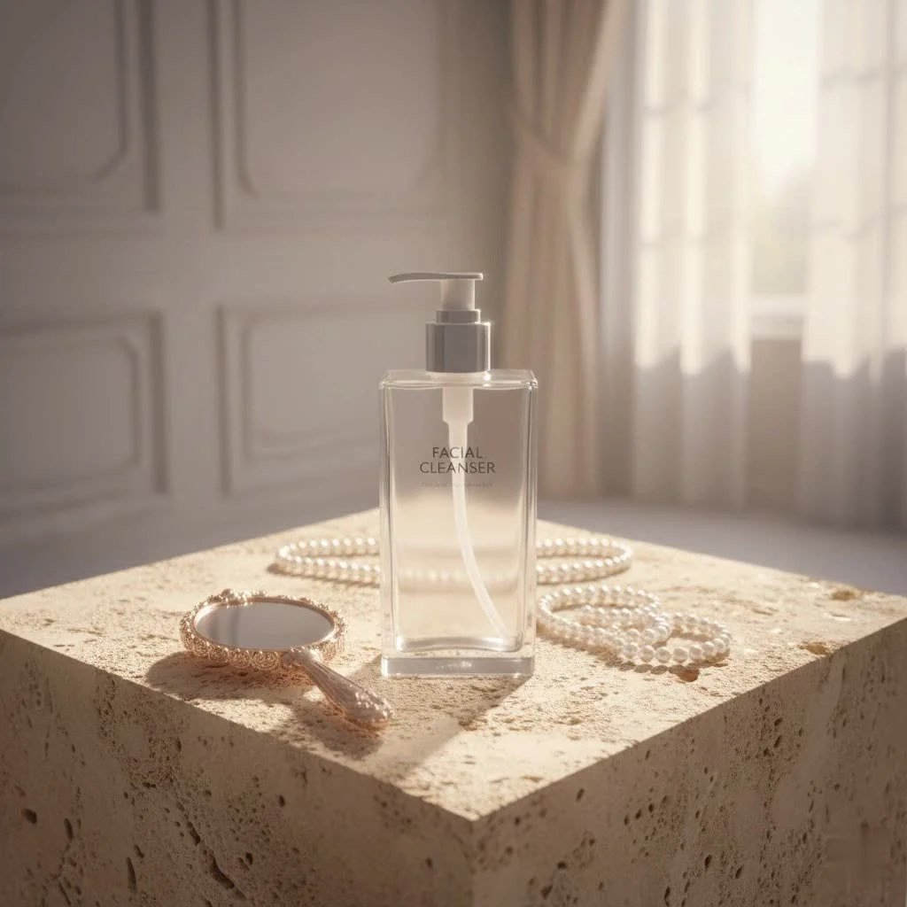 Close-up of a Murad facial cleanser bottle with a glowing effect