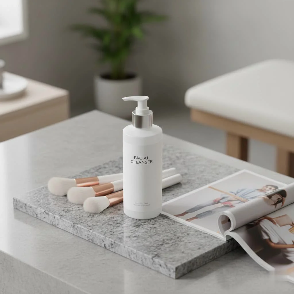 Glycolic facial cleanser bottle with glowing skin